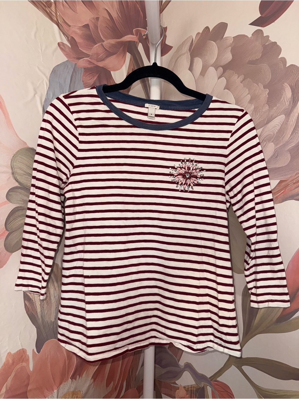 J.Crew Striped Maroon & White Long Sleeve Top with Floral Embellishment - Small